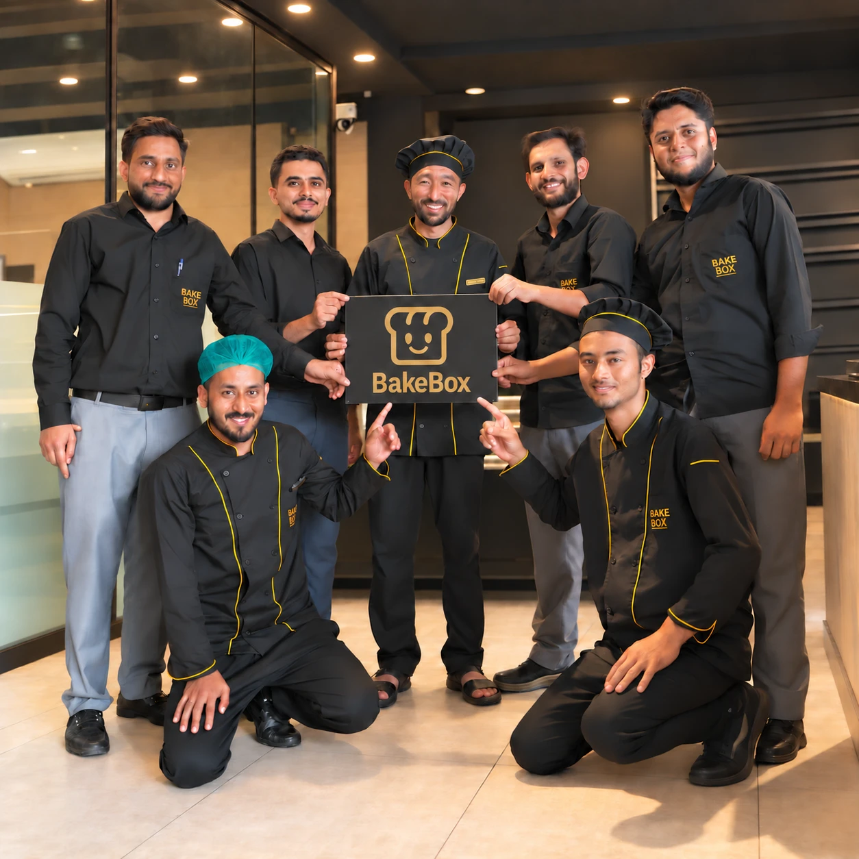 The BakeBox team gathered inside the bakery holding a BakeBox sign