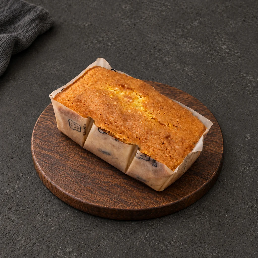 Tea Cake with a golden textured top in BakeBox paper
