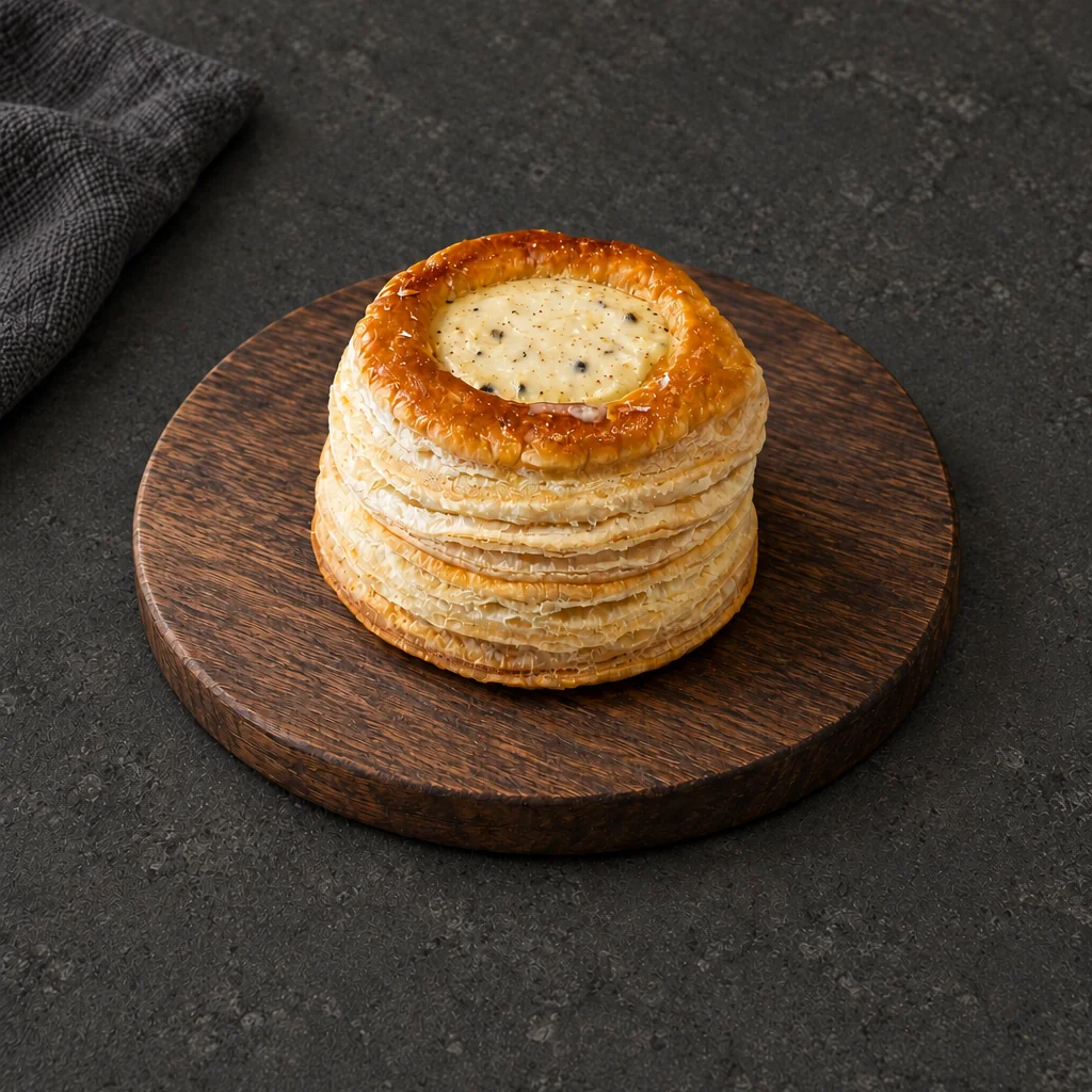 Round Cheese Patty with golden pastry layers and a pale centre