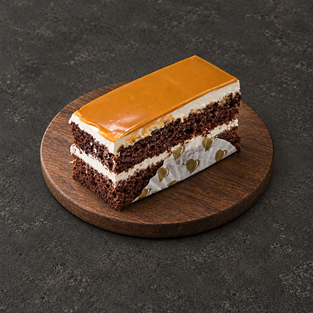 Lotus Pastry with dark sponge layers and a golden top