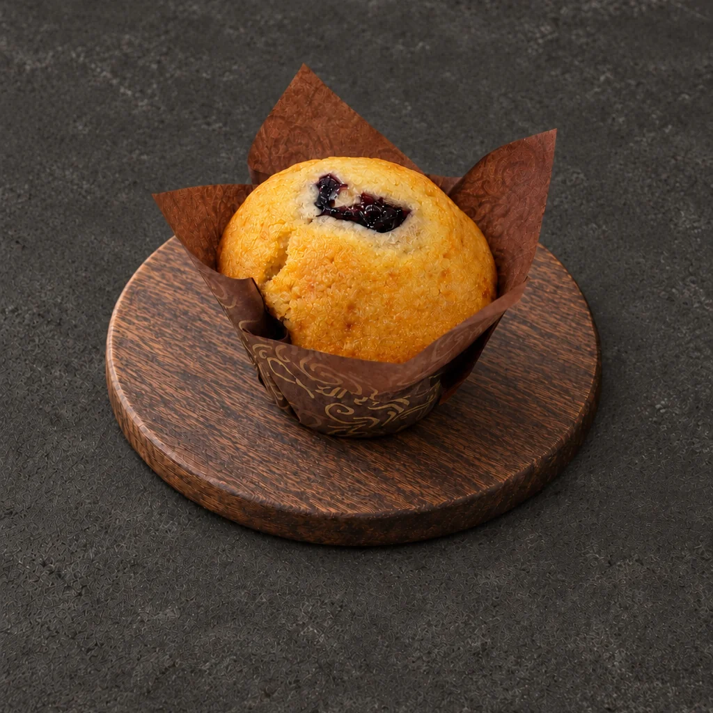 Golden Blueberry Muffin with a glossy dark centre in a tulip case