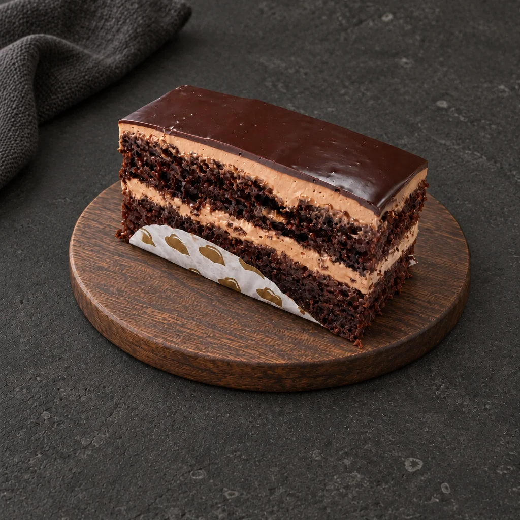 Chocolate Pastry with layered dark sponge and a glossy top
