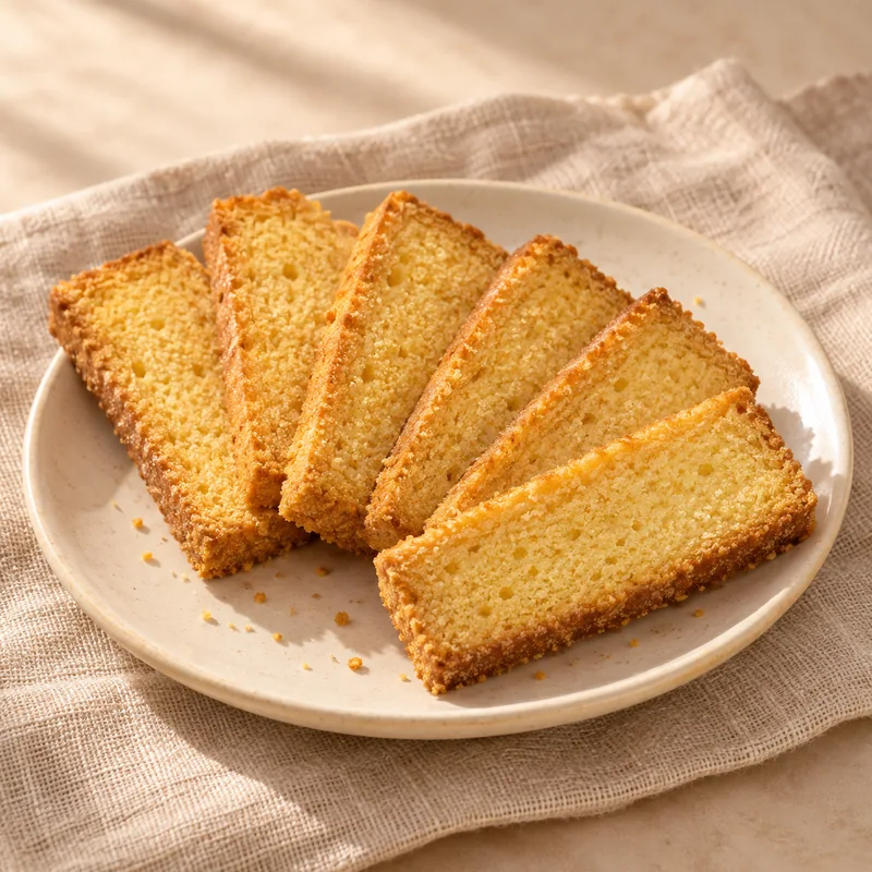 Golden rectangular Cake Rusk slices arranged on a cream surface