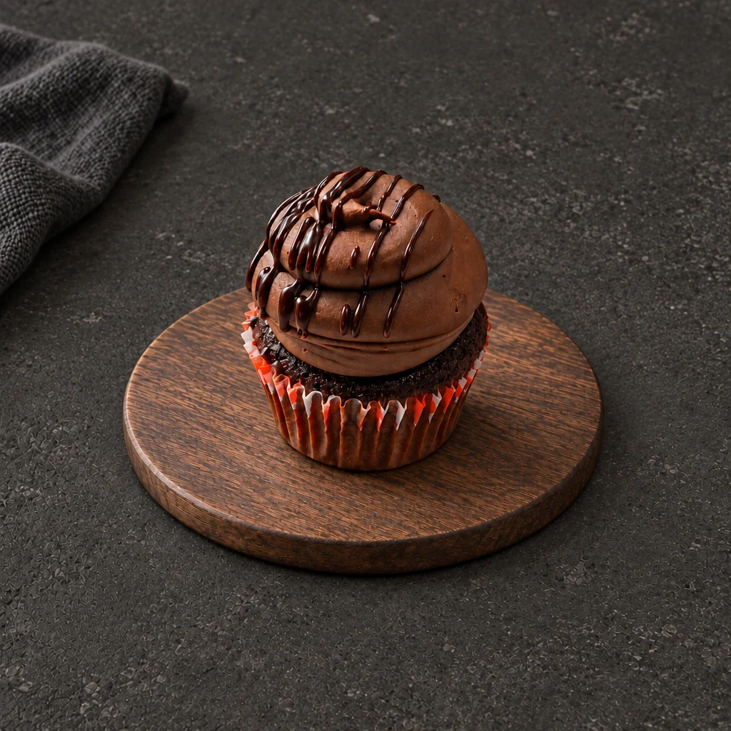Chocolate Swirl Cupcake with tall frosting and dark drizzle