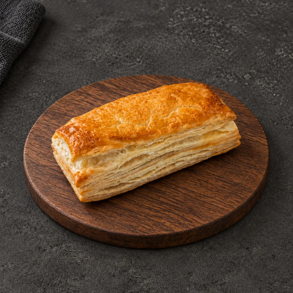 Rectangular Chicken Patty with even golden edges and flaky layers