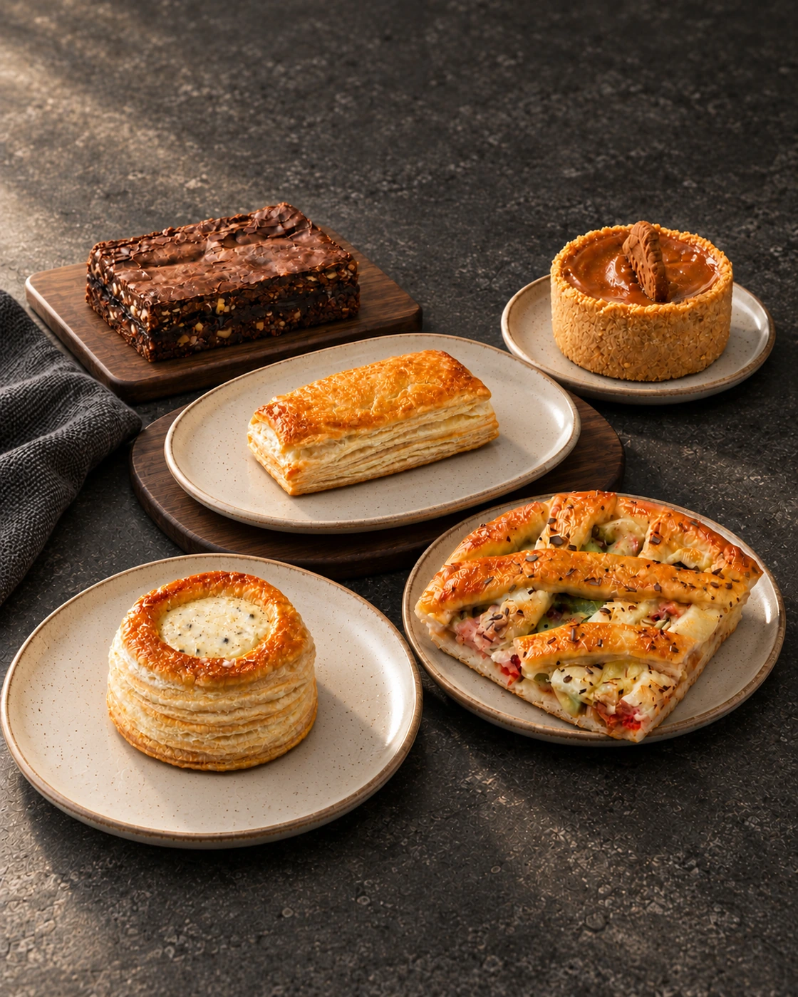 Cheese patty, chicken patty and Italian pie with Lotus mini cheesecake and walnut fudge on a charcoal table