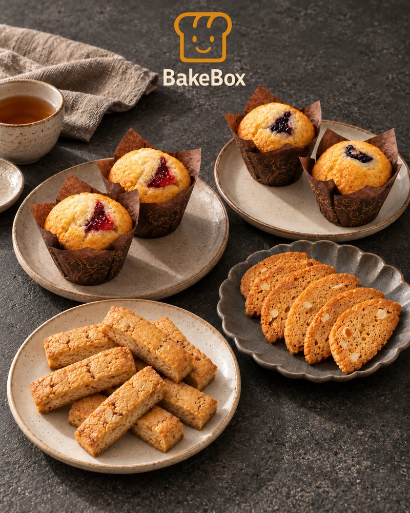 BakeBox strawberry and blueberry muffins with golden biscotti on a charcoal table