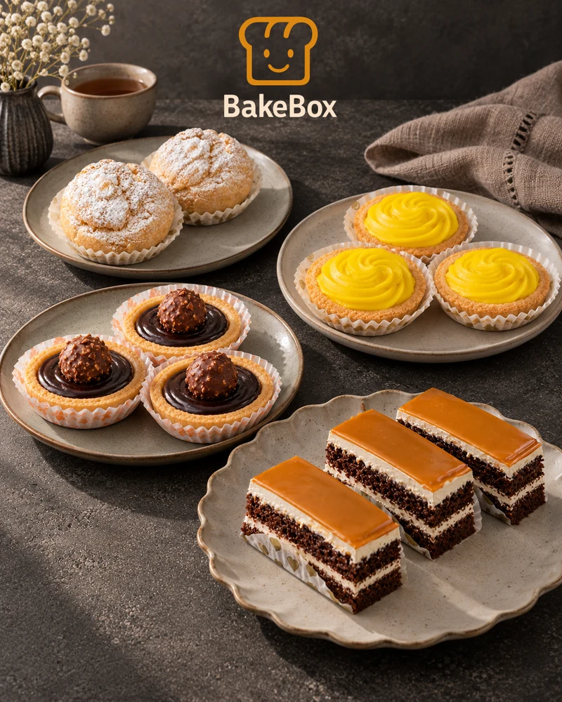 BakeBox patisserie table with cream puffs, chocolate and lemon tarts, and Lotus pastries