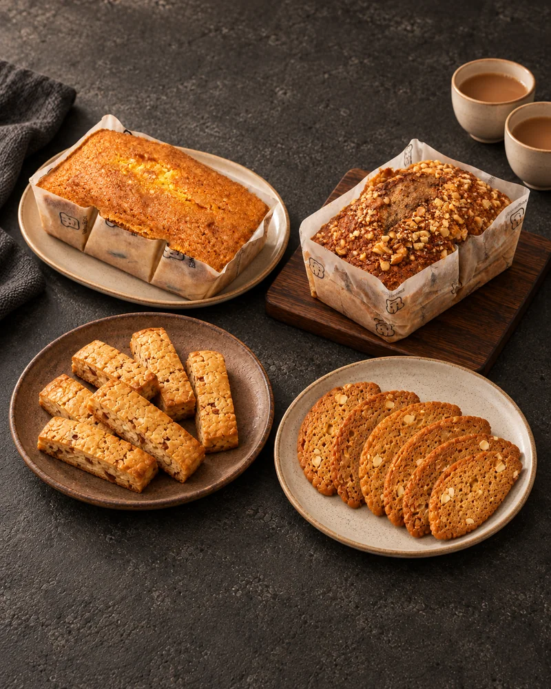 Tea cake, banana bread and biscotti arranged with a cup of tea on a charcoal table